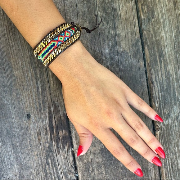 NWOT✨ Boho Western Colorful Macrame Gold Chain & Leather Friendship Bracelet - Picture 6 of 16